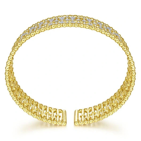 Wide 14K Yellow Gold Cage Cuff Bracelet with Diamond Stations