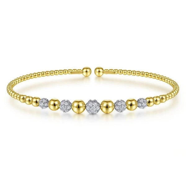 14K Yellow-White Gold Bujukan Bead Cuff Bracelet with e Diamond Stations