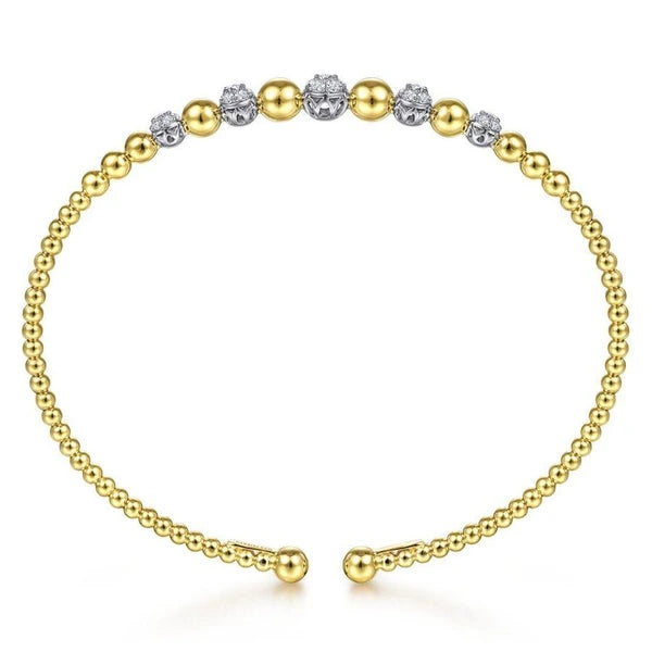 14K Yellow-White Gold Bujukan Bead Cuff Bracelet with e Diamond Stations