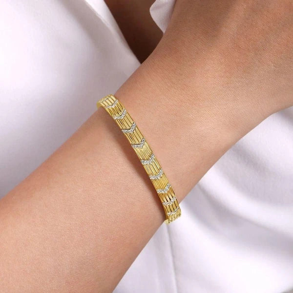 14K Yellow Gold Cuff Bracelet with e Diamond Chevron Stations