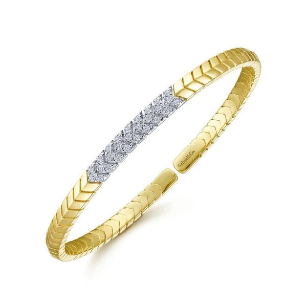 14K Yellow Gold Chevron Cuff Bracelet with White Gold Diamond e Station
