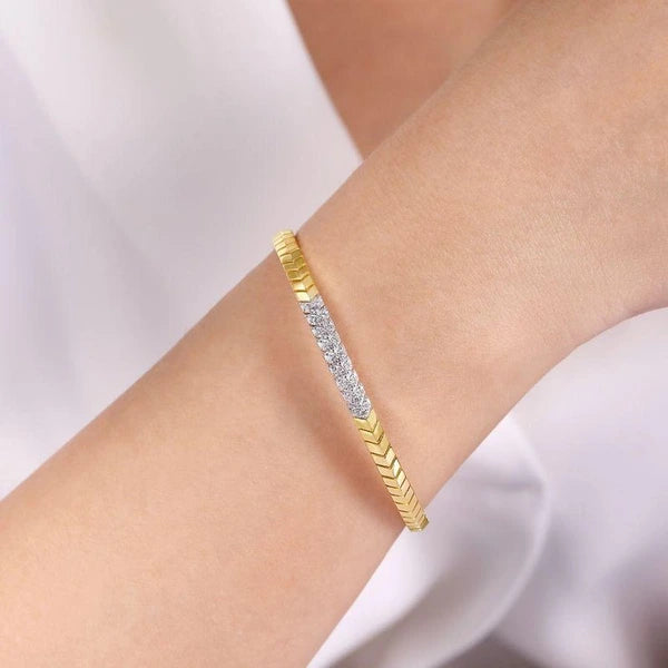 14K Yellow Gold Chevron Cuff Bracelet with White Gold Diamond e Station