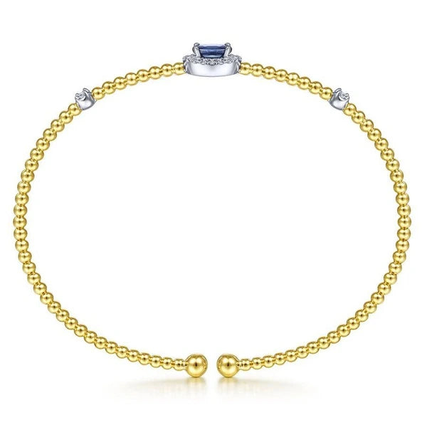 14K White-Yellow Gold Bujukan Bead Cuff Bracelet with Sapphire and Diamond Halo Station