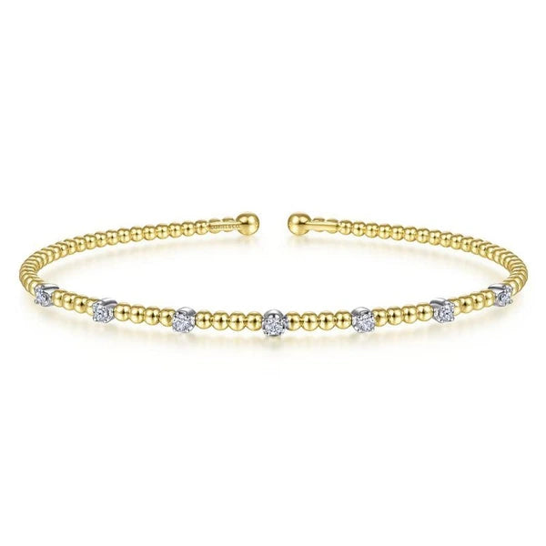 14K White-Yellow Gold Bujukan Bead Cuff Bracelet with Diamond Stations