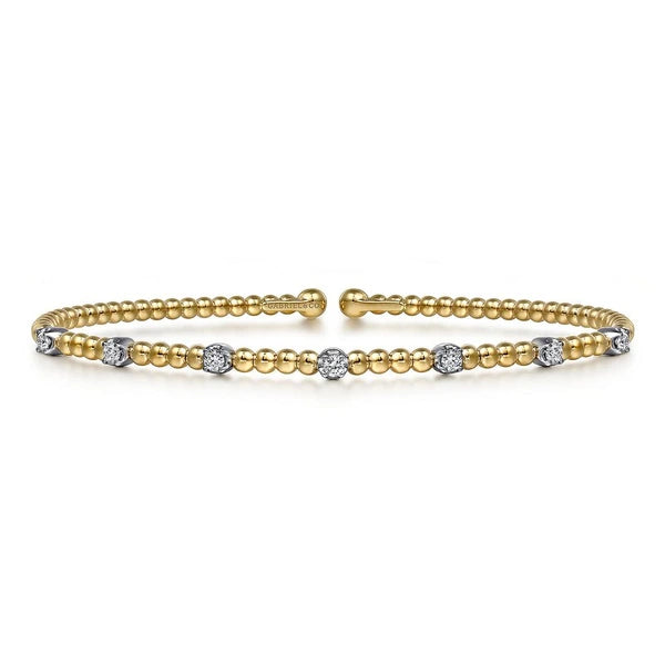 14K White-Yellow Gold Bujukan Bead Cuff Bracelet with Diamond Stations