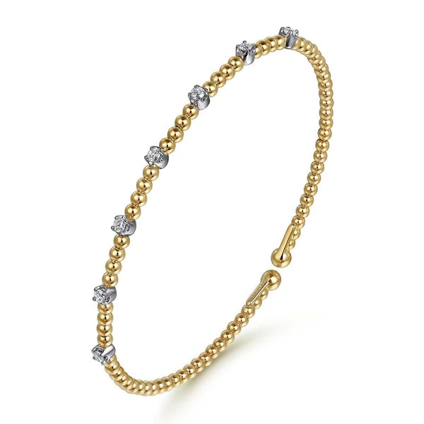 14K White-Yellow Gold Bujukan Bead Cuff Bracelet with Diamond Stations