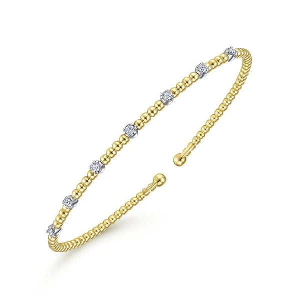 14K White-Yellow Gold Bujukan Bead Cuff Bracelet with Diamond Stations