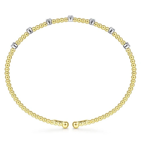 14K White-Yellow Gold Bujukan Bead Cuff Bracelet with Diamond Stations