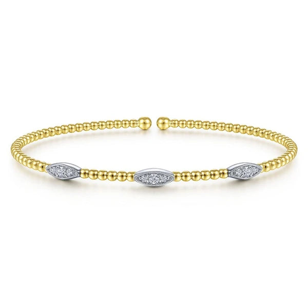 14K White-Yellow Gold Bujukan Bead Cuff Bracelet with Diamond Filled Marquise Stations