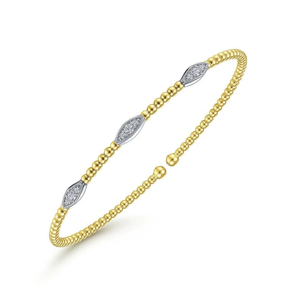 14K White-Yellow Gold Bujukan Bead Cuff Bracelet with Diamond Filled Marquise Stations