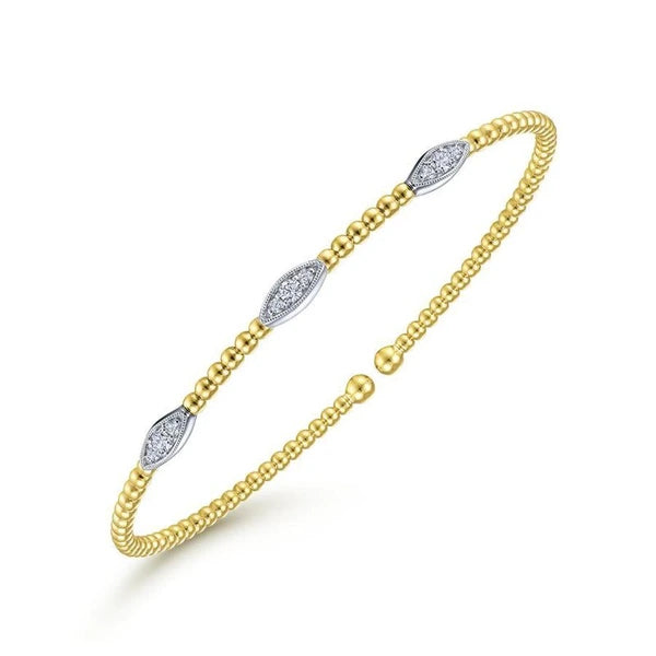 14K White-Yellow Gold Bujukan Bead Cuff Bracelet with Diamond Filled Marquise Stations
