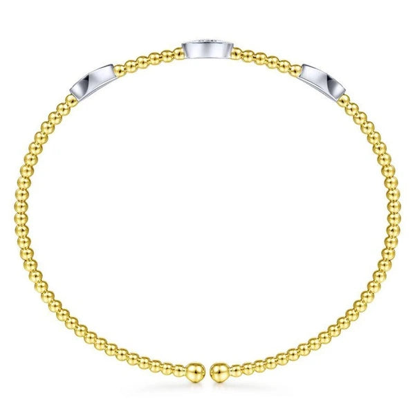 14K White-Yellow Gold Bujukan Bead Cuff Bracelet with Diamond Filled Marquise Stations