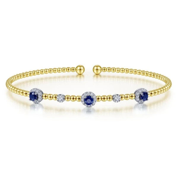 14K White-Yellow Gold Bujukan Bead Cuff Bracelet with Sapphire and Diamond Halo Stations