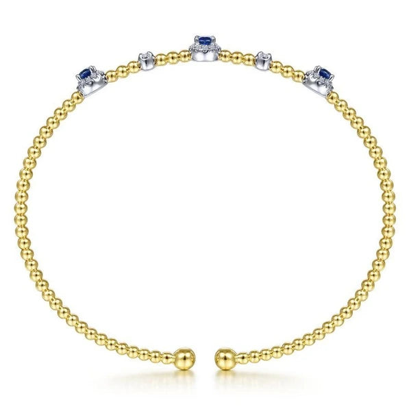 14K White-Yellow Gold Bujukan Bead Cuff Bracelet with Sapphire and Diamond Halo Stations