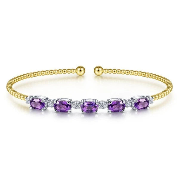 14K White-Yellow Gold Bujukan Bead Cuff Bracelet with Amethyst and Diamond Stations