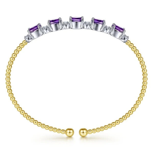 14K White-Yellow Gold Bujukan Bead Cuff Bracelet with Amethyst and Diamond Stations
