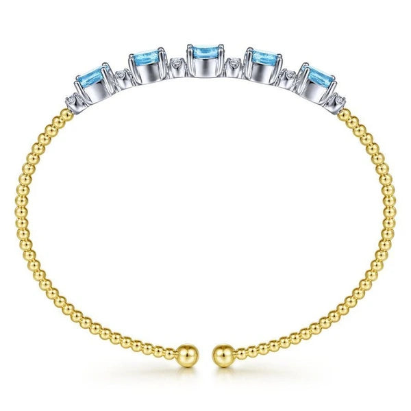 14K White-Yellow Gold Bujukan Bead Cuff Bracelet with Blue Topaz and Diamond Stations