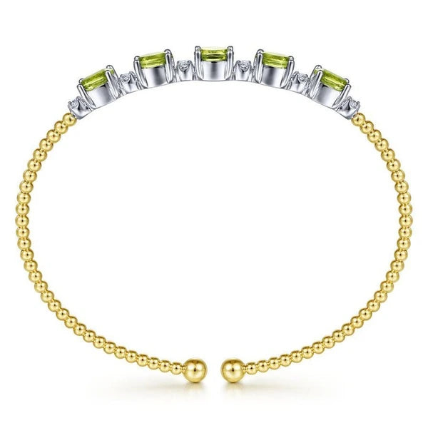 14K White-Yellow Gold Bujukan Bead Cuff Bracelet with Peridot and Diamond Stations