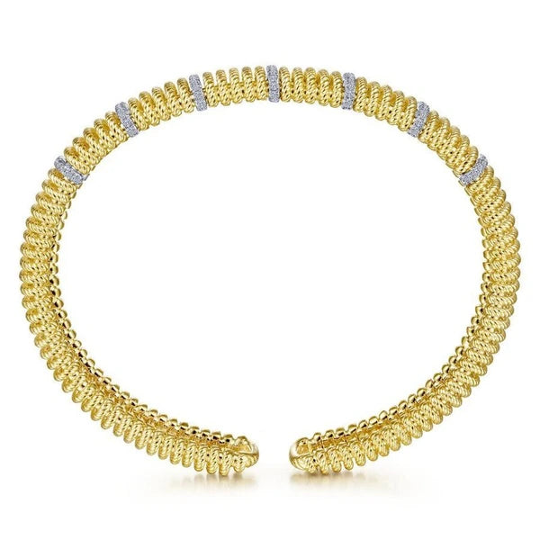 14K White-Yellow Gold Twisted Rope Cuff Bracelet with Diamond Stations