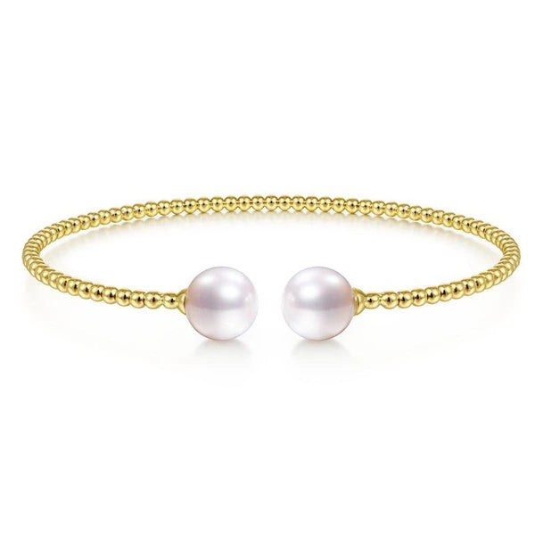 14K Yellow Gold Bujukan Bead Split Cuff Bracelet with Cultured Pearls
