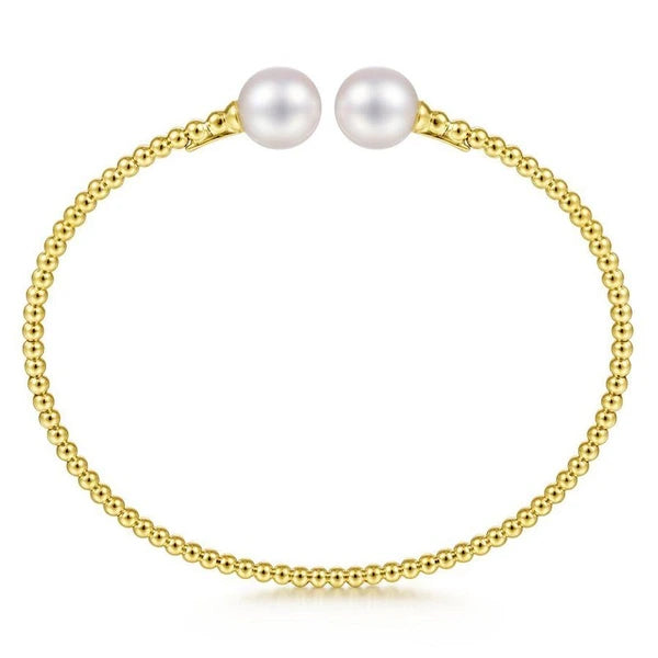 14K Yellow Gold Bujukan Bead Split Cuff Bracelet with Cultured Pearls