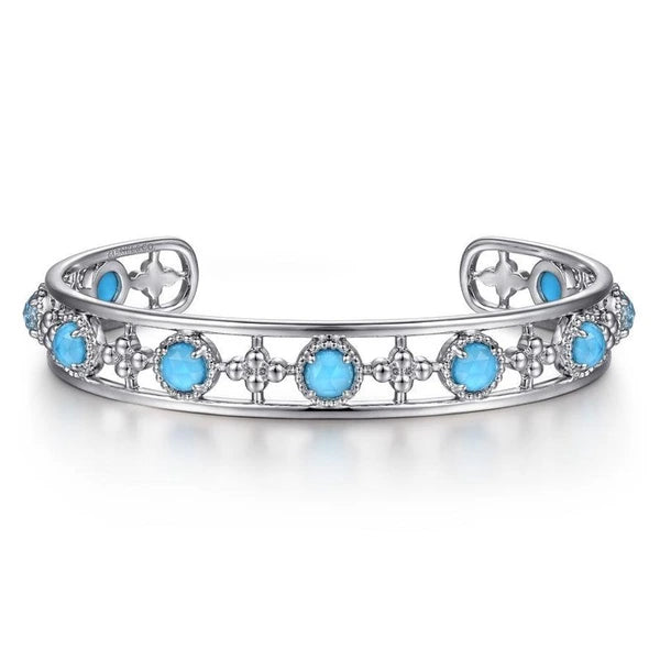 925 Sterling Silver Rock Crystal and Turquoise Station Bangle