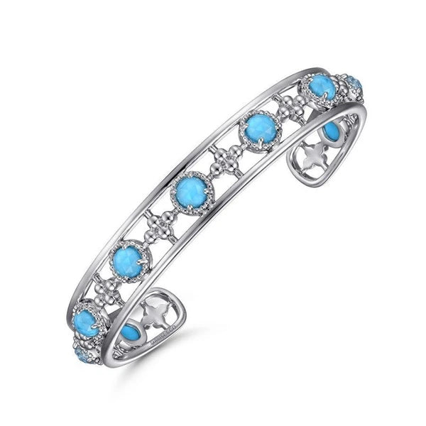 925 Sterling Silver Rock Crystal and Turquoise Station Bangle