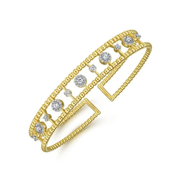 14K Yellow Gold Bujukan Bead Cuff Bracelet with Diamond Cluster and Bezel Connectors