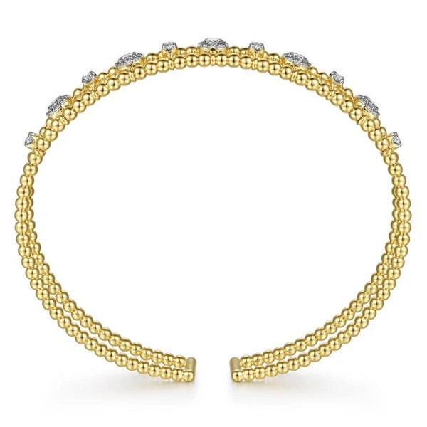 14K Yellow Gold Bujukan Bead Cuff Bracelet with Diamond Cluster and Bezel Connectors