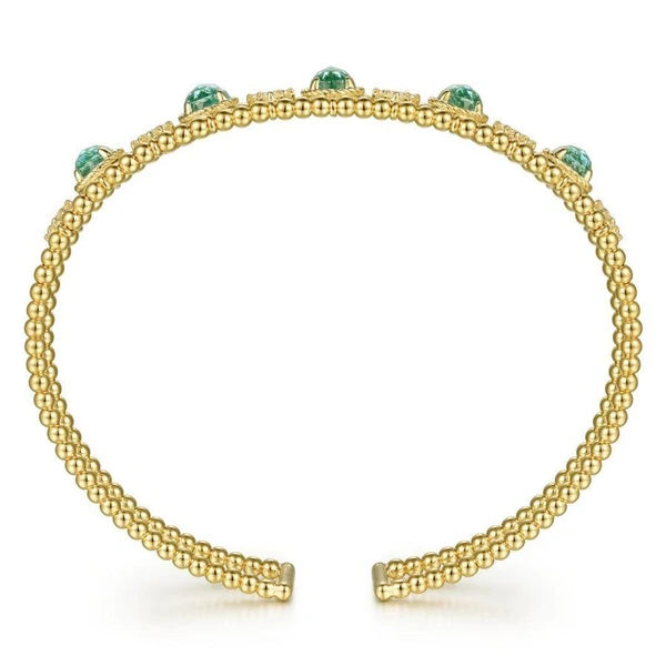 14K Yellow Gold Bujukan Bead Cuff Bracelet with Inner Diamond Cluster and  Blue Topaz Connectors.