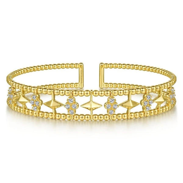 14K Yellow Gold Bujukan Bead Cuff Bracelet with Inner Diamond Cluster and Gold Pyramid Connectors.