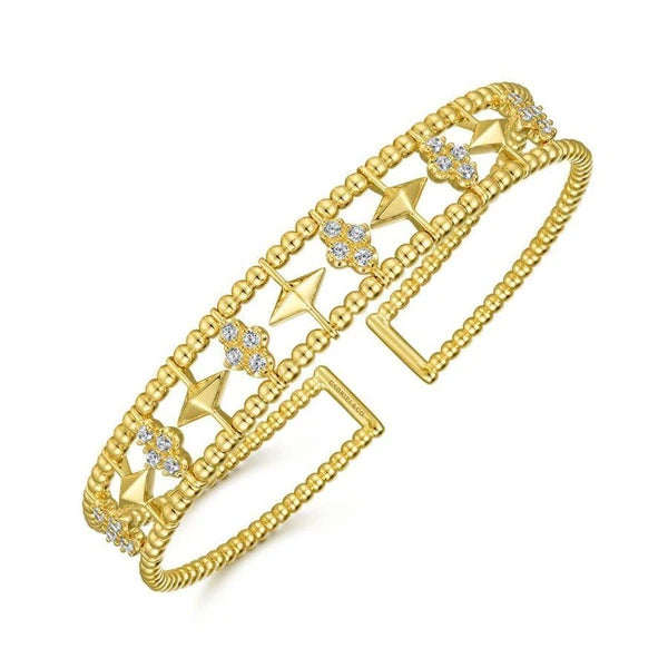 14K Yellow Gold Bujukan Bead Cuff Bracelet with Inner Diamond Cluster and Gold Pyramid Connectors.