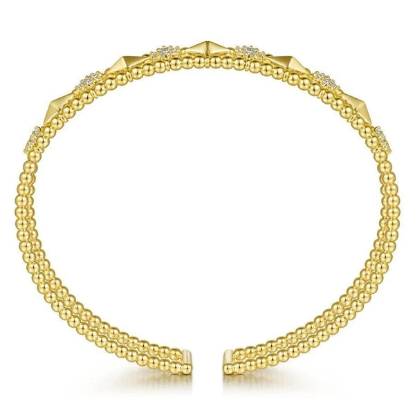 14K Yellow Gold Bujukan Bead Cuff Bracelet with Inner Diamond Cluster and Gold Pyramid Connectors.