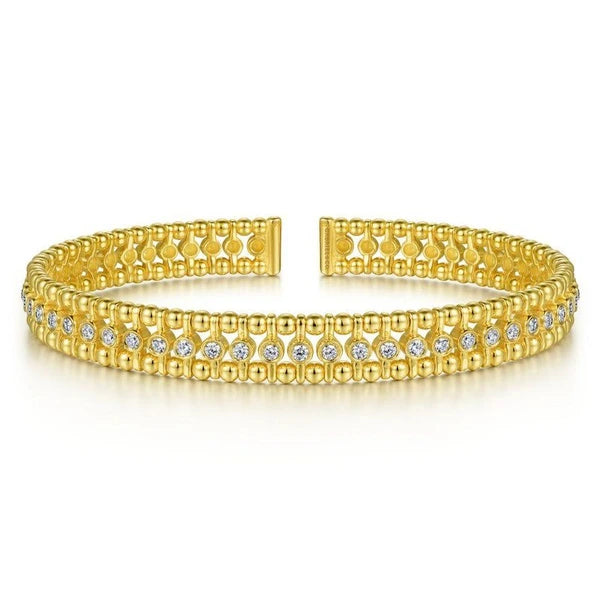 14K Yellow Gold Bujukan Bead Cuff Bracelet with Diamond Bezel Connectors