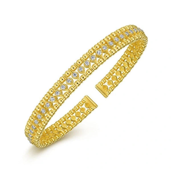 14K Yellow Gold Bujukan Bead Cuff Bracelet with Diamond Bezel Connectors