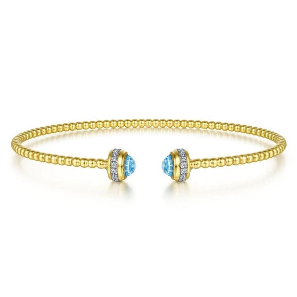 14K Yellow Gold Diamond and Blue Topaz Bujukan Open Bangle