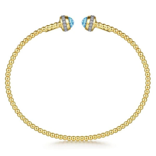 14K Yellow Gold Diamond and Blue Topaz Bujukan Open Bangle
