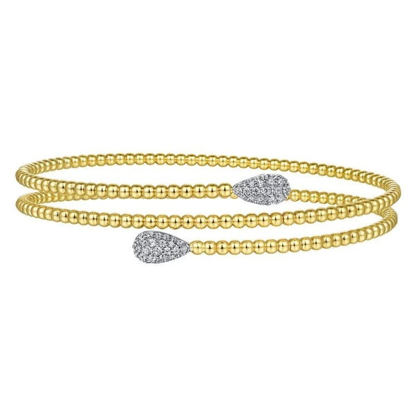 14K Yellow Gold Bujukan Bead Wrap Bracelet with White Gold Diamond End Caps