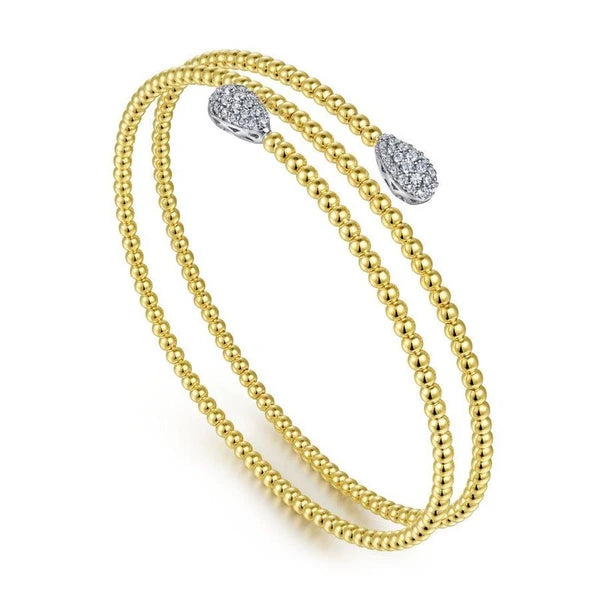 14K Yellow Gold Bujukan Bead Wrap Bracelet with White Gold Diamond End Caps