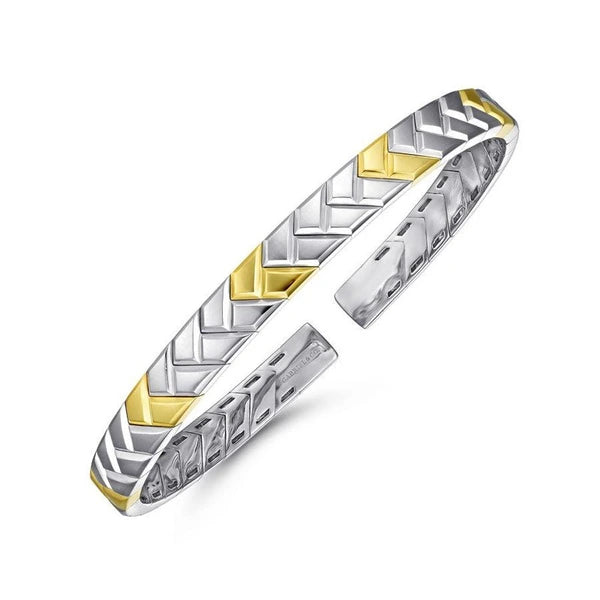 925 Sterling Silver and 14K Yellow Gold Open Herringbone Bracelet