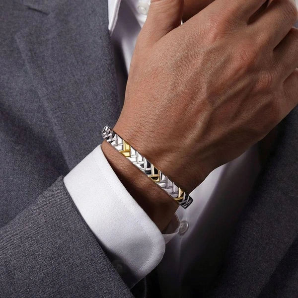 925 Sterling Silver and 14K Yellow Gold Open Herringbone Bracelet