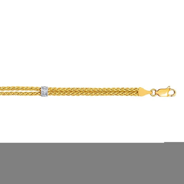 14K Gold .03ct Diamond Station Wheat Chain Bracelet