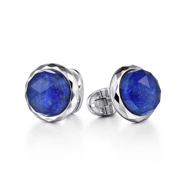 925 Sterling Silver Rock Crystal & Lapis Round Cufflinks