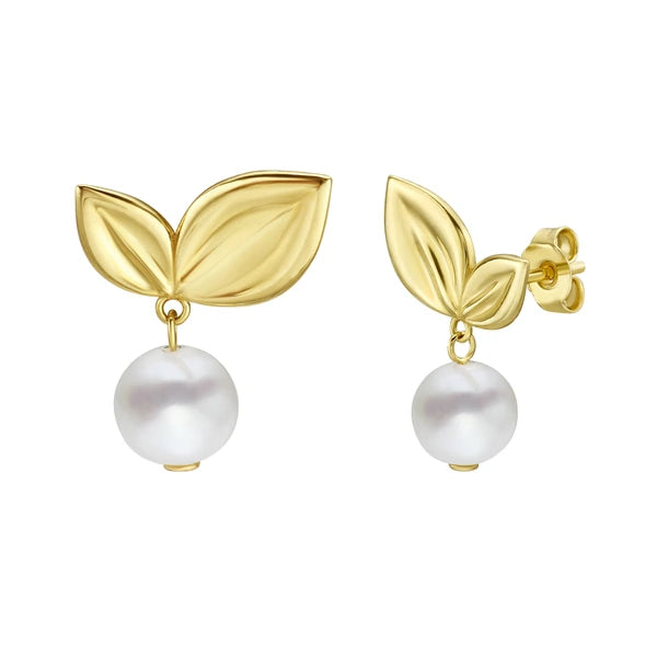14K Cherry Leaf &amp; Pearl Drop Studs