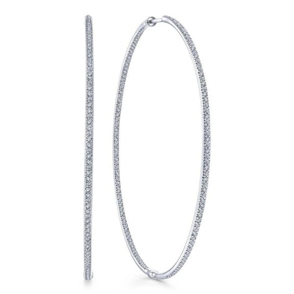 14K White Gold Prong Set 70mm Round Classic Diamond Hoop Earrings