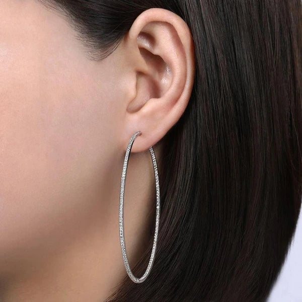 14K White Gold Prong Set 70mm Round Classic Diamond Hoop Earrings