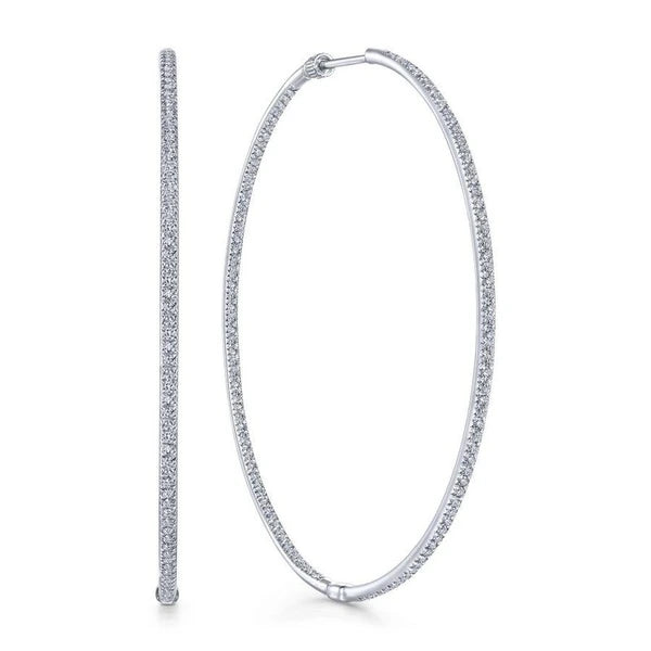 14K White Gold Prong Set 60mm Round Classic Diamond Hoop Earrings