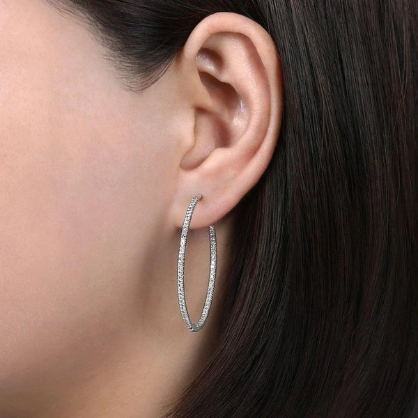 14K White Gold Prong Set 40mm Round Classic Diamond Hoop Earrings