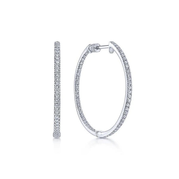 14K White Gold Prong Set 30mm Round Inside Out Diamond Hoop Earrings