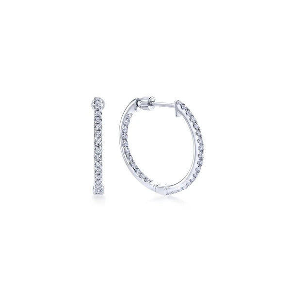 14K White Gold Tiger Claw Set 20mm Round Inside Out Diamond Hoop Earrings